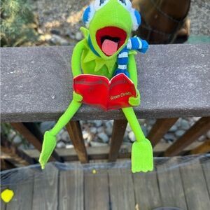 Disney Green Kermit the Frog Plush with Red Book and Blue-White Scarf